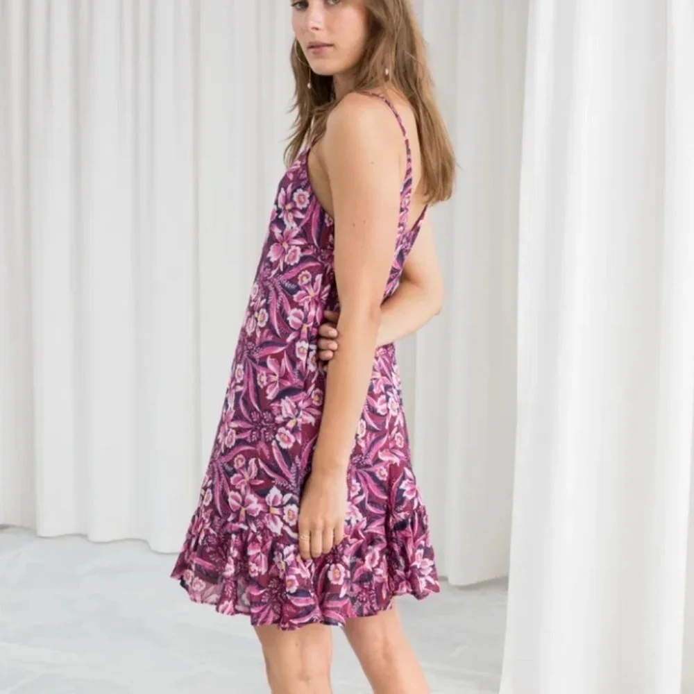 & Other Stories Dress Drop Waist Shoulder Straps Ruffle Bottom Floral Slip Dress